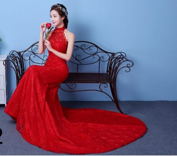Big Red Wedding Dress Bride Large Size Waist Fishtail Wedding Dress Fishtail Tail Korean Hanging Neck - Image 3