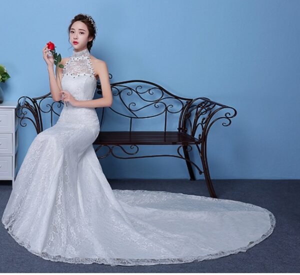 Big Red Wedding Dress Bride Large Size Waist Fishtail Wedding Dress Fishtail Tail Korean Hanging Neck - Image 5