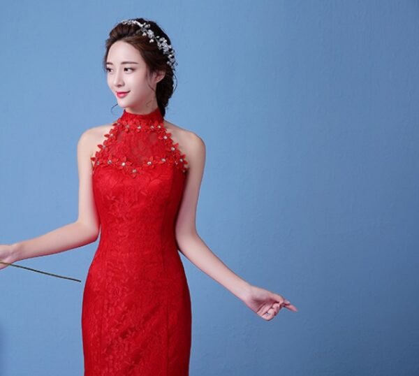Big Red Wedding Dress Bride Large Size Waist Fishtail Wedding Dress Fishtail Tail Korean Hanging Neck - Image 8