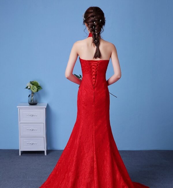 Big Red Wedding Dress Bride Large Size Waist Fishtail Wedding Dress Fishtail Tail Korean Hanging Neck - Image 7